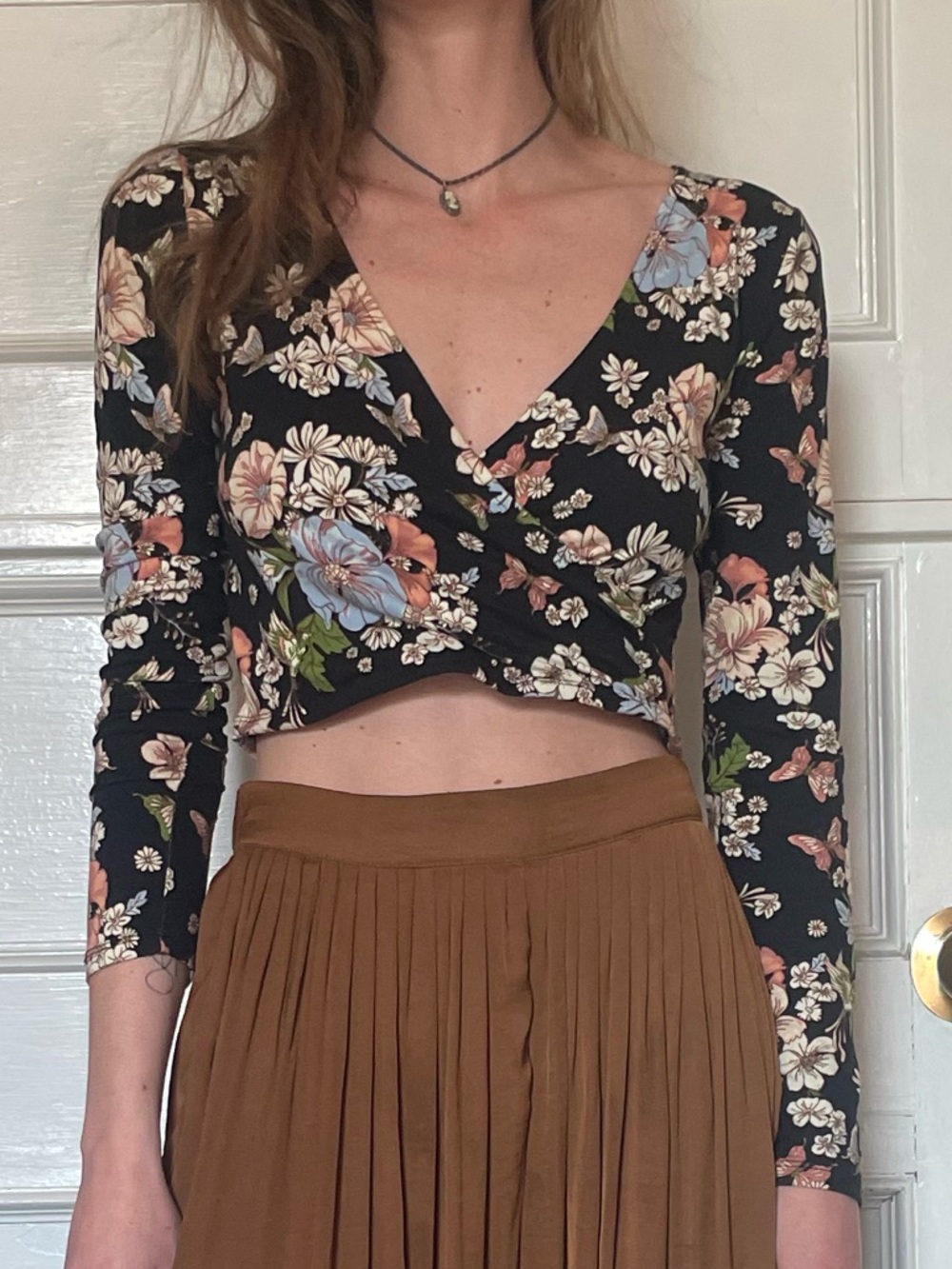 Floral Black Cropped Wrap Top